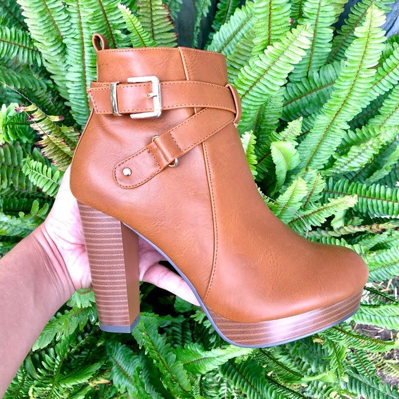 Cognac Tan Vegan Leather Buckle Ankle Boots - Picture 7 of 12